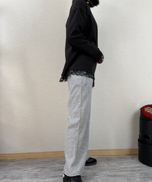 gossip!ロサンゼルス(ゴシップロサンゼルス)の「ストライプパターン ワイドレッグドロストパンツ(スウェットパンツ・レディース・ライトグレー/オフホワイト/ブラック・S/M/L)」の8枚目の写真