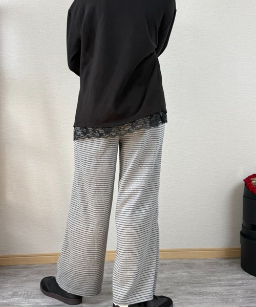 gossip!ロサンゼルス(ゴシップロサンゼルス)の「ストライプパターン ワイドレッグドロストパンツ(スウェットパンツ・レディース・ライトグレー/オフホワイト/ブラック・S/M/L)」の7枚目の写真