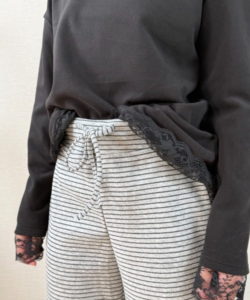 gossip!ロサンゼルス(ゴシップロサンゼルス)の「ストライプパターン ワイドレッグドロストパンツ(スウェットパンツ・レディース・ライトグレー/オフホワイト/ブラック・S/M/L)」の4枚目の写真
