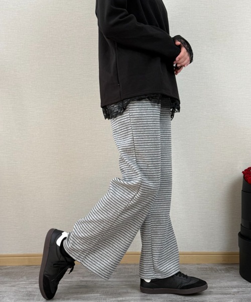 gossip!ロサンゼルス(ゴシップロサンゼルス)の「ストライプパターン ワイドレッグドロストパンツ(スウェットパンツ・レディース・ライトグレー/オフホワイト/ブラック・S/M/L)」の6枚目の写真