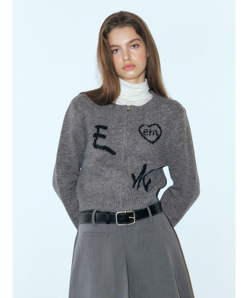 ETMON(エトモン)の「Lettering Zip-Up Knit Cardigan, Grey_Bk(カーディガン/ボレロ・レディース・その他・FREE)」の2枚目の写真