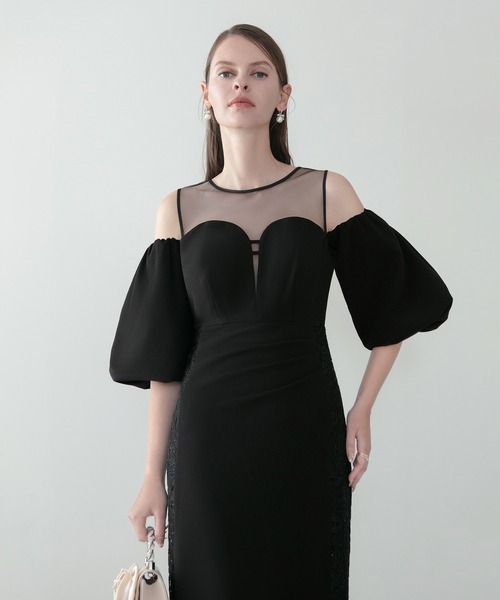 Leja(レジャ)の「【LEJA LUXE】サイドレースシアーデコルテパフスリーブスリットドレスワンピース美脚効果結婚式 パーティードレス 成人式 二次会 同窓会 お呼ばれ オケージョン 20代 30代(ドレス・レディース・ブラック・SMALL/MEDIUM)」の1枚目の写真