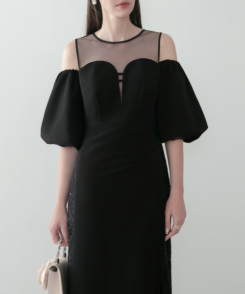 Leja(レジャ)の「【LEJA LUXE】サイドレースシアーデコルテパフスリーブスリットドレスワンピース美脚効果結婚式 パーティードレス 成人式 二次会 同窓会 お呼ばれ オケージョン 20代 30代(ドレス・レディース・ブラック・SMALL/MEDIUM)」の5枚目の写真