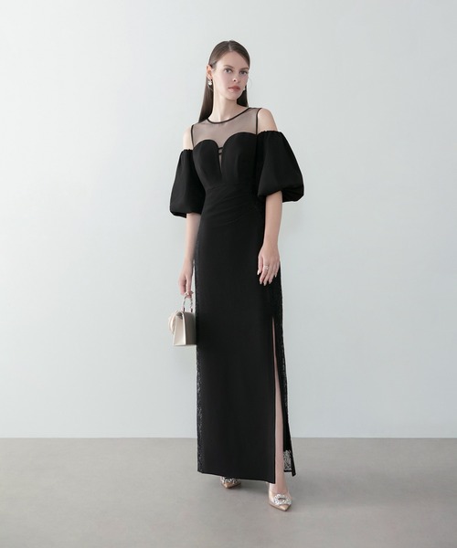 Leja(レジャ)の「【LEJA LUXE】サイドレースシアーデコルテパフスリーブスリットドレスワンピース美脚効果結婚式 パーティードレス 成人式 二次会 同窓会 お呼ばれ オケージョン 20代 30代(ドレス・レディース・ブラック・SMALL/MEDIUM)」の2枚目の写真
