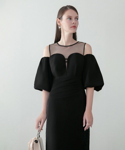 Leja(レジャ)の「【LEJA LUXE】サイドレースシアーデコルテパフスリーブスリットドレスワンピース美脚効果結婚式 パーティードレス 成人式 二次会 同窓会 お呼ばれ オケージョン 20代 30代(ドレス・レディース・ブラック・SMALL/MEDIUM)」の4枚目の写真