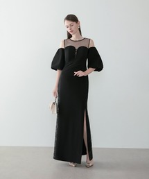 Leja（レジャ）の「【LEJA LUXE】サイドレースシアーデコルテパフスリーブスリットドレスワンピース美脚効果結婚式 パーティードレス 成人式 二次会 同窓会 お呼ばれ オケージョン 20代 30代（ドレス）」