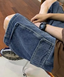 【26年春新作】【UNISEX】ワイドシルエット デニム カーゴハーフパンツ / バミューダパンツ