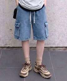 【26年春新作】【UNISEX】ワイドシルエット デニム カーゴハーフパンツ / バミューダパンツ