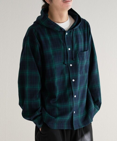 Kastane(カスタネ)の「【一部店舗限定/ユニセックス】BM チェックフードシャツ(シャツ/ブラウス・レディース・グリーン/ブラウン・FREE)」の1枚目の写真
