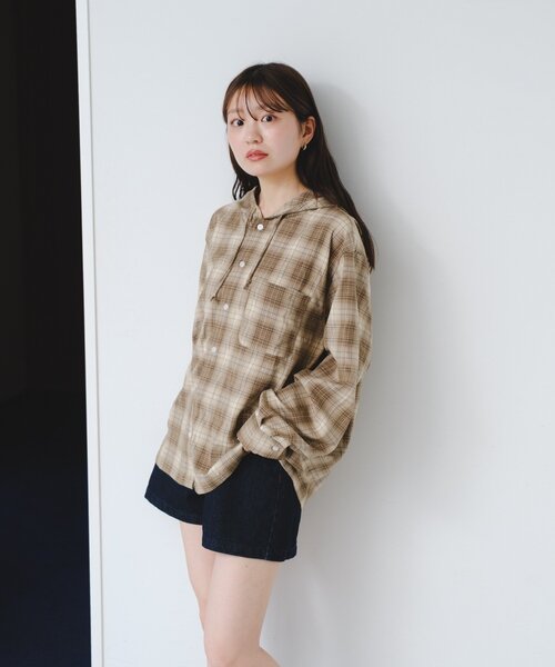 Kastane(カスタネ)の「【一部店舗限定/ユニセックス】BM チェックフードシャツ(シャツ/ブラウス・レディース・グリーン/ブラウン・FREE)」の13枚目の写真