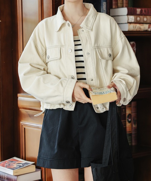 frunco（フランコ）の「【ZOZOTOWN限定】ステッチデニムジャケット/ドローコード付き（デニムジャケット・レディース・ネイビー/ホワイト・FREE）」の2枚目の写真