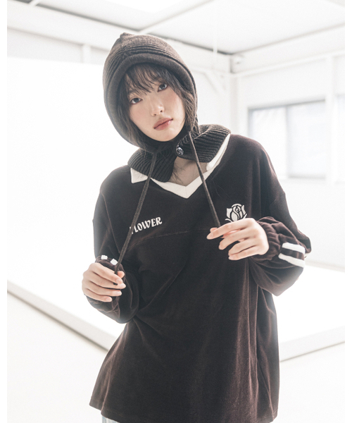 HAVISM(ヘビズム)の「OVERSIZE VELOUR V-NECK L/S TEE(BROWN)(ポロシャツ・レディース・その他・ONE SIZE)」の5枚目の写真