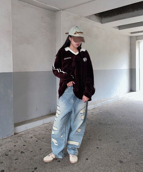 HAVISM(ヘビズム)の「OVERSIZE VELOUR V-NECK L/S TEE(BROWN)(ポロシャツ・レディース・その他・ONE SIZE)」の8枚目の写真