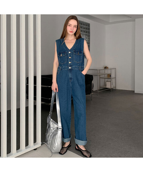 V Denim Jumpsuit (2colors)