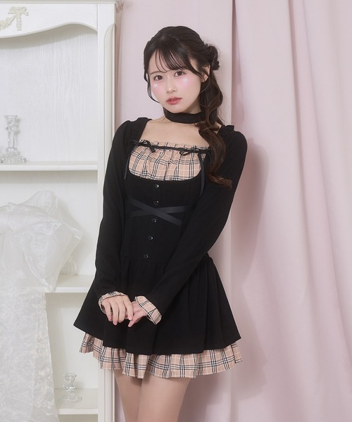 Honey Cinnamon(ハニーシナモン)の「クロスリボンポイントチェックワンピース(ワンピース・レディース・ブラック/グレー・FREE)」の2枚目の写真