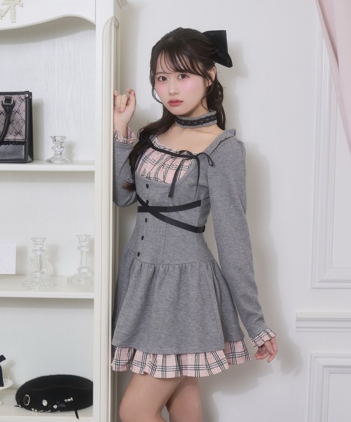 Honey Cinnamon(ハニーシナモン)の「クロスリボンポイントチェックワンピース(ワンピース・レディース・ブラック/グレー・FREE)」の3枚目の写真