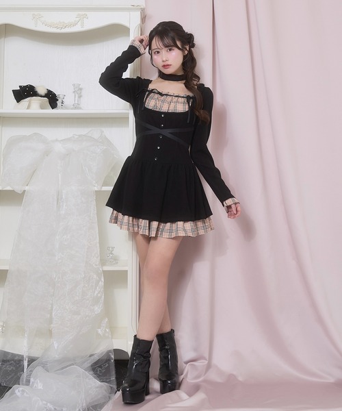 Honey Cinnamon(ハニーシナモン)の「クロスリボンポイントチェックワンピース(ワンピース・レディース・ブラック/グレー・FREE)」の15枚目の写真