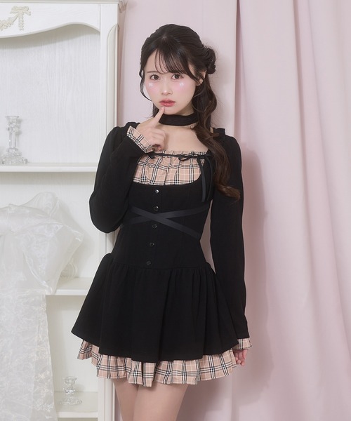 Honey Cinnamon(ハニーシナモン)の「クロスリボンポイントチェックワンピース(ワンピース・レディース・ブラック/グレー・FREE)」の12枚目の写真