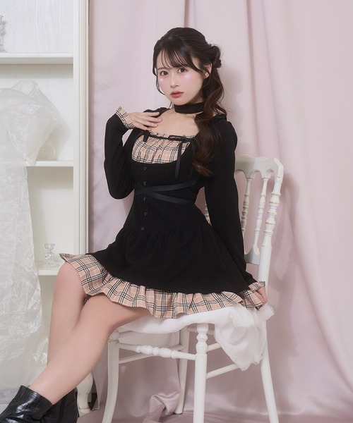 Honey Cinnamon(ハニーシナモン)の「クロスリボンポイントチェックワンピース(ワンピース・レディース・ブラック/グレー・FREE)」の14枚目の写真