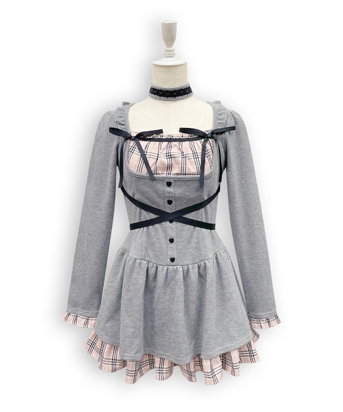 Honey Cinnamon(ハニーシナモン)の「クロスリボンポイントチェックワンピース(ワンピース・レディース・ブラック/グレー・FREE)」の8枚目の写真