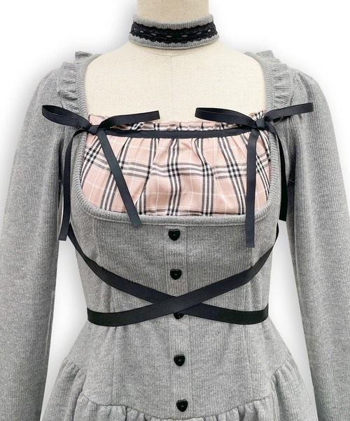 Honey Cinnamon(ハニーシナモン)の「クロスリボンポイントチェックワンピース(ワンピース・レディース・ブラック/グレー・FREE)」の9枚目の写真