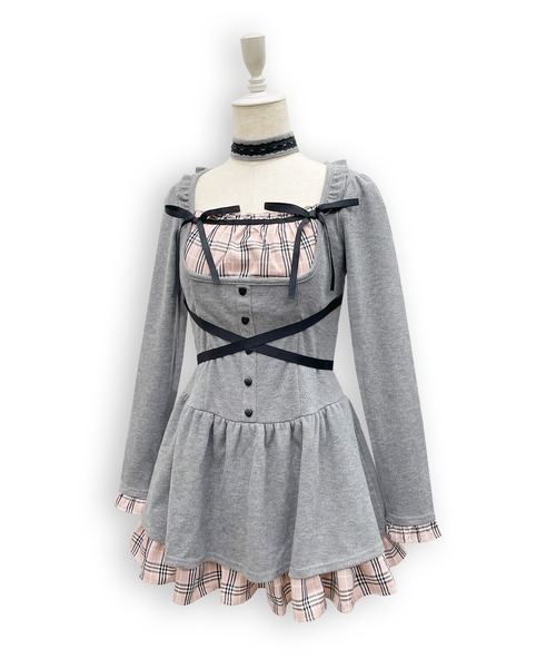 Honey Cinnamon(ハニーシナモン)の「クロスリボンポイントチェックワンピース(ワンピース・レディース・ブラック/グレー・FREE)」の10枚目の写真