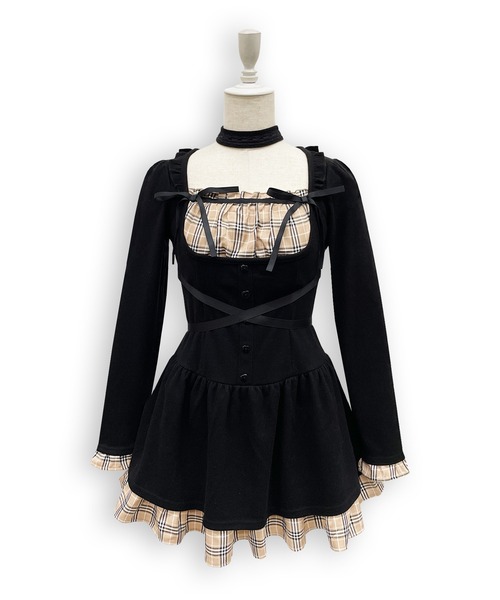 Honey Cinnamon(ハニーシナモン)の「クロスリボンポイントチェックワンピース(ワンピース・レディース・ブラック/グレー・FREE)」の19枚目の写真