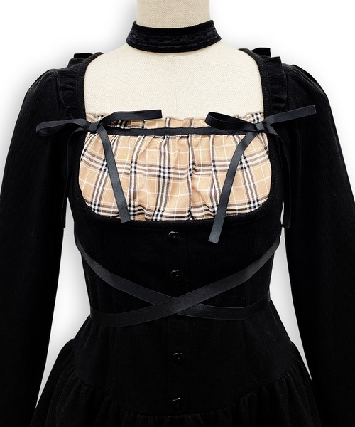 Honey Cinnamon(ハニーシナモン)の「クロスリボンポイントチェックワンピース(ワンピース・レディース・ブラック/グレー・FREE)」の20枚目の写真