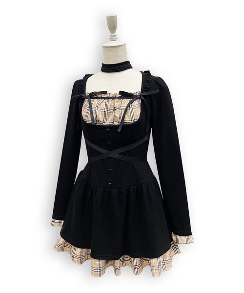 Honey Cinnamon(ハニーシナモン)の「クロスリボンポイントチェックワンピース(ワンピース・レディース・ブラック/グレー・FREE)」の21枚目の写真