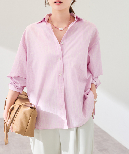 FRAMeWORK（フレームワーク）の「綿麻ストライプレギュラーシャツ（シャツ/ブラウス・レディース・ピンク/グリーン/イエロー・FREE）」の3枚目の写真