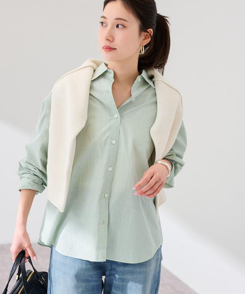 FRAMeWORK（フレームワーク）の「綿麻ストライプレギュラーシャツ（シャツ/ブラウス・レディース・ピンク/グリーン/イエロー・FREE）」の6枚目の写真