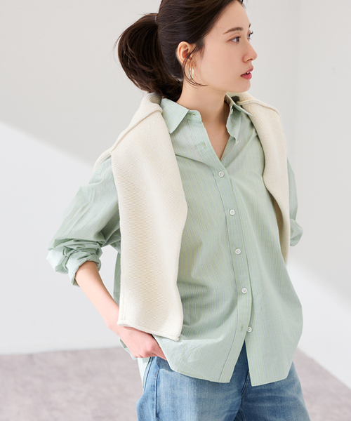 FRAMeWORK（フレームワーク）の「綿麻ストライプレギュラーシャツ（シャツ/ブラウス・レディース・ピンク/グリーン/イエロー・FREE）」の7枚目の写真