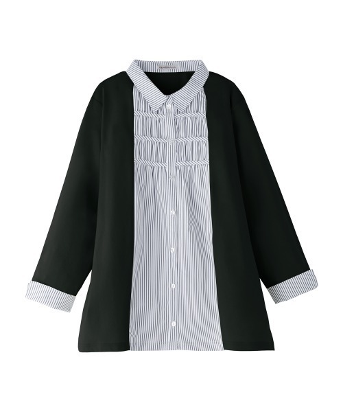 BELLUNA PLUS(ベルーナ)の「カーデフェイクストライプシャツ(チュニック・レディース・ブラック/ライム/ネイビー・X-LARGE/LARGE/MEDIUM)」の1枚目の写真