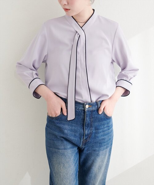 natural couture（ナチュラルクチュール）の「ねじり配色ボウタイブラウス（シャツ/ブラウス・レディース・その他2/その他1/ベージュ/サックスブルー/ピンクベージュ/アイボリー・FREE）」の4枚目の写真