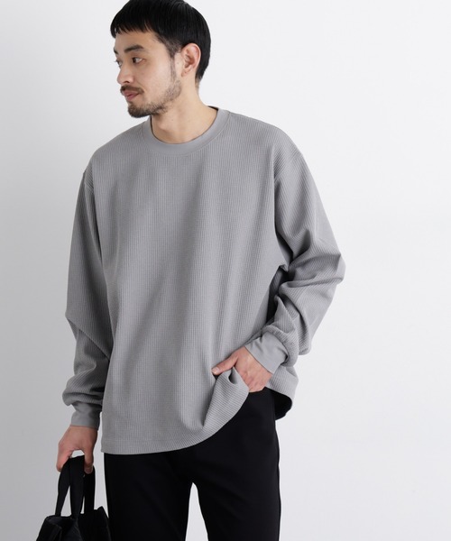 グレー 長袖カットソー 黒パネル セール】ワッフルプルオーバーTシャツ 長袖（Tシャツ/カットソー