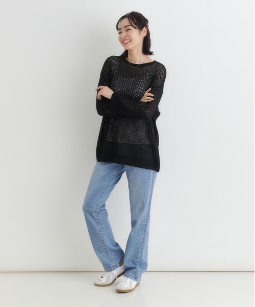 Right-on（ライトオン）の「【HONEYSUCKLE ROSE】透かし編みニットプルオーバー (シアーニット / ドロップショルダー / レイヤード)（ニット/セーター・レディース・ブラック/ライトイエロー/キナリ・L/M）」の7枚目の写真