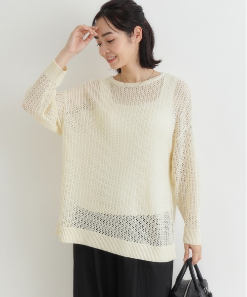 Right-on（ライトオン）の「【HONEYSUCKLE ROSE】透かし編みニットプルオーバー (シアーニット / ドロップショルダー / レイヤード)（ニット/セーター・レディース・ブラック/ライトイエロー/キナリ・L/M）」の11枚目の写真