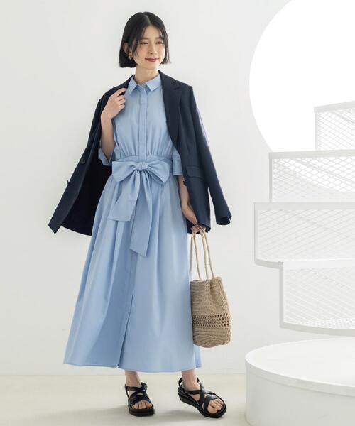リボンベルト付きシャツワンピース【洗濯機OK/防シワ加工