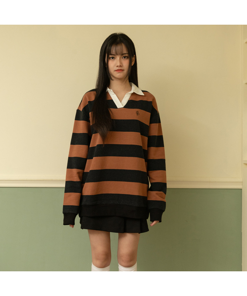 SELITIO(セレティオ)の「ストライプラグビーコラTシャツブラック(スウェット・メンズ・ブラック・MEDIUM/LARGE)」の1枚目の写真
