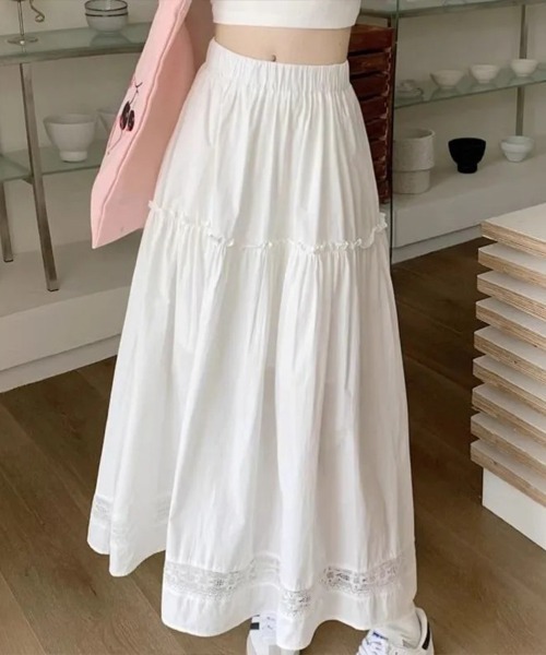 mielu(ミエル)の「裾レースフレアロングスカート(スカート・レディース・ホワイト・X-LARGE/MEDIUM/LARGE)」の3枚目の写真