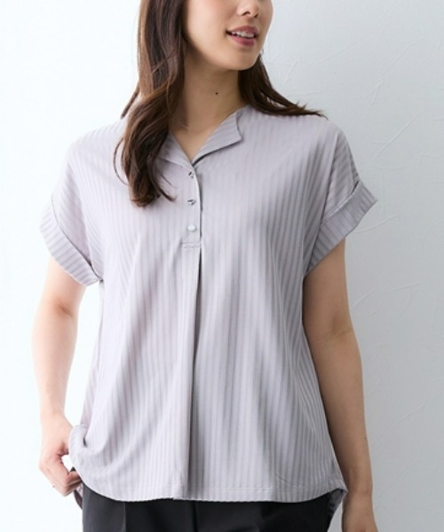 7days Life Styling(セブンデイズライフスタイリング)の「シャドーストライプ開襟スキッパートップス(Tシャツ/カットソー・レディース・グレー/ブラック・L/M/3L/LL)」の2枚目の写真