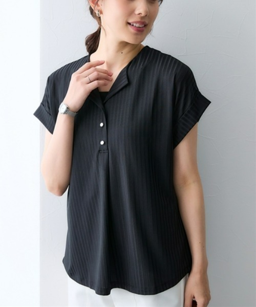 7days Life Styling(セブンデイズライフスタイリング)の「シャドーストライプ開襟スキッパートップス(Tシャツ/カットソー・レディース・グレー/ブラック・L/M/3L/LL)」の1枚目の写真