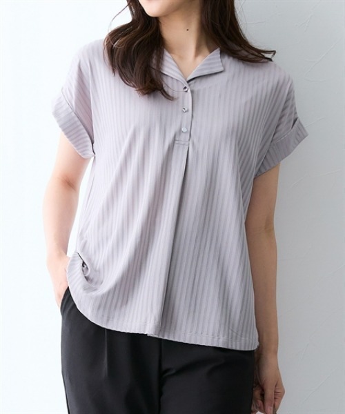 7days Life Styling(セブンデイズライフスタイリング)の「シャドーストライプ開襟スキッパートップス(Tシャツ/カットソー・レディース・グレー/ブラック・L/M/3L/LL)」の8枚目の写真