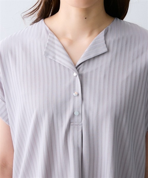 7days Life Styling(セブンデイズライフスタイリング)の「シャドーストライプ開襟スキッパートップス(Tシャツ/カットソー・レディース・グレー/ブラック・L/M/3L/LL)」の11枚目の写真