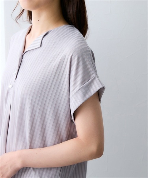 7days Life Styling(セブンデイズライフスタイリング)の「シャドーストライプ開襟スキッパートップス(Tシャツ/カットソー・レディース・グレー/ブラック・L/M/3L/LL)」の13枚目の写真