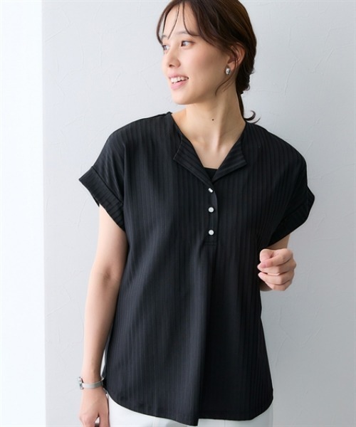 7days Life Styling(セブンデイズライフスタイリング)の「シャドーストライプ開襟スキッパートップス(Tシャツ/カットソー・レディース・グレー/ブラック・L/M/3L/LL)」の3枚目の写真