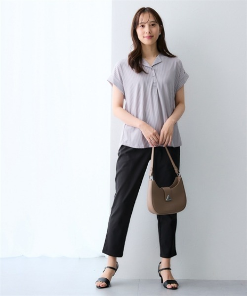 7days Life Styling(セブンデイズライフスタイリング)の「シャドーストライプ開襟スキッパートップス(Tシャツ/カットソー・レディース・グレー/ブラック・L/M/3L/LL)」の5枚目の写真