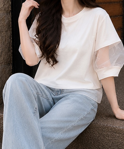 SallyLunn(サリーラン)の「ドッキングデザインシアートップス(Tシャツ/カットソー・レディース・ホワイト/ブラック・MEDIUM/LARGE)」の2枚目の写真