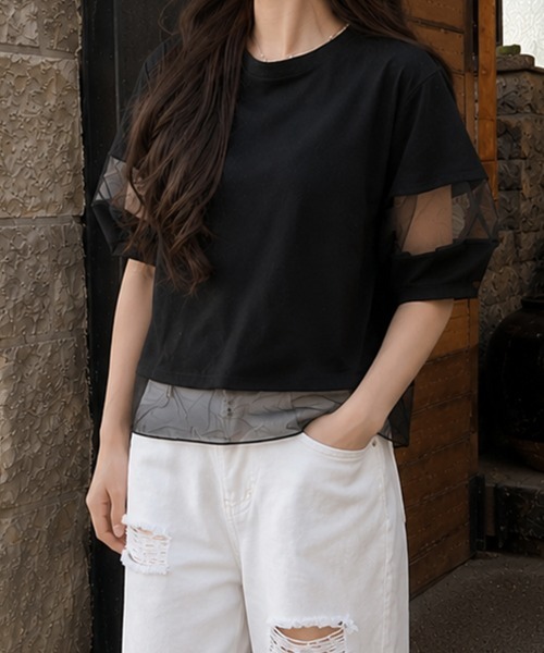 SallyLunn(サリーラン)の「ドッキングデザインシアートップス(Tシャツ/カットソー・レディース・ホワイト/ブラック・MEDIUM/LARGE)」の1枚目の写真