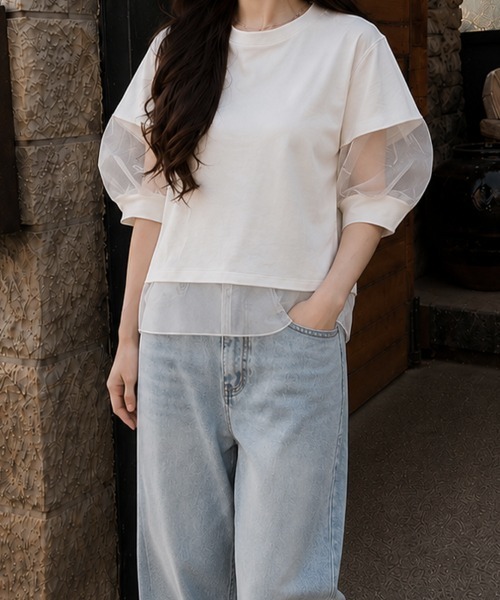 SallyLunn(サリーラン)の「ドッキングデザインシアートップス(Tシャツ/カットソー・レディース・ホワイト/ブラック・MEDIUM/LARGE)」の3枚目の写真
